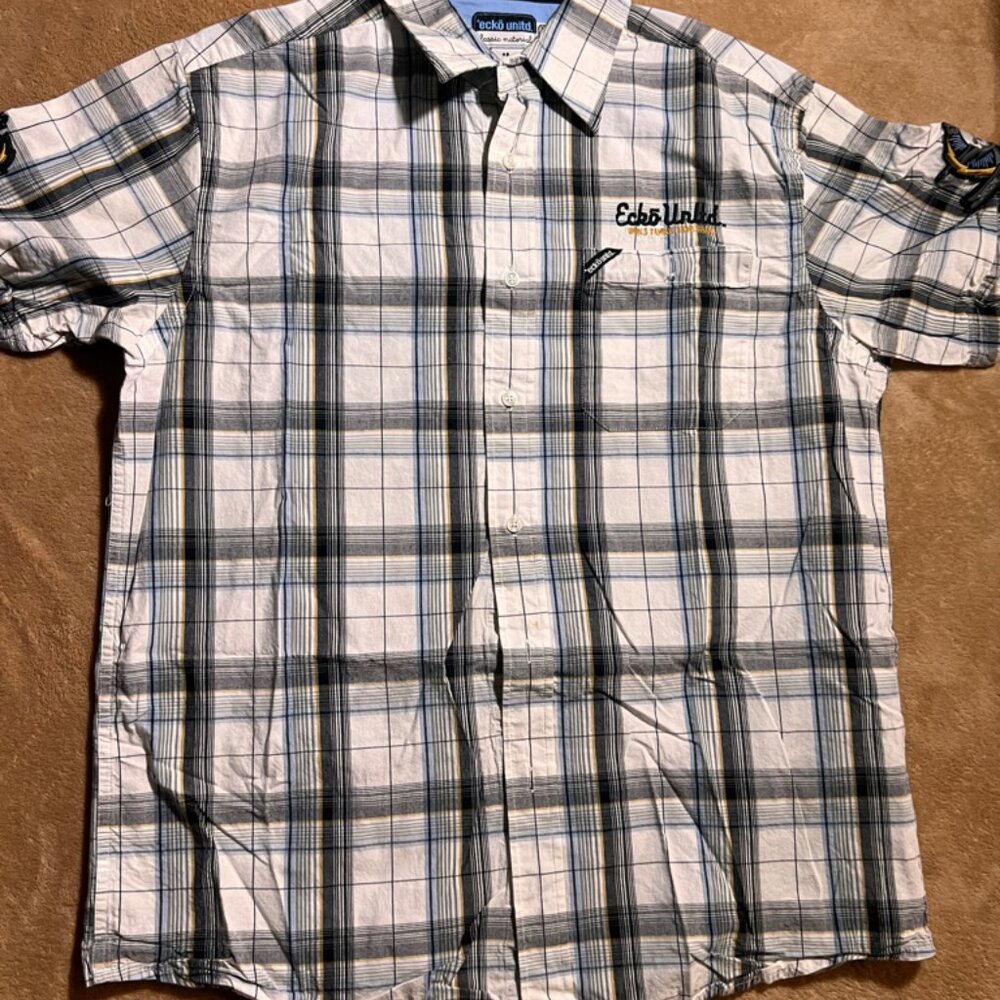 Ecko Men Large Grey Plaid Button‎ Down Embroidered Pocket Urban Shirt Y2K (AA2)